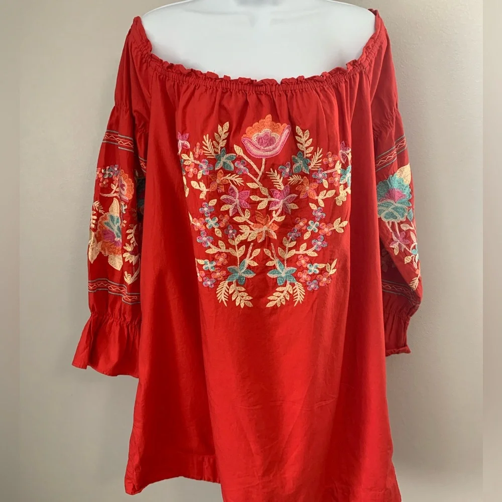 Free People Embroidered Off-Shoulder Red Peasant Tunic/Dress